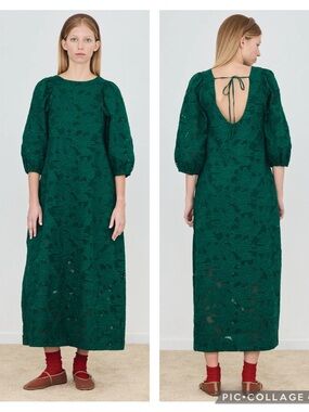 EUC The Tiny Big Sister Dark Emerald Green Guipure Puff Sleeve Cotton Midi dress